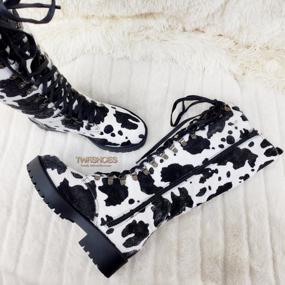 Savage Cow Combat Lace Up Knee Boots Faux Cow Print Brand New - Picture 5 of 17